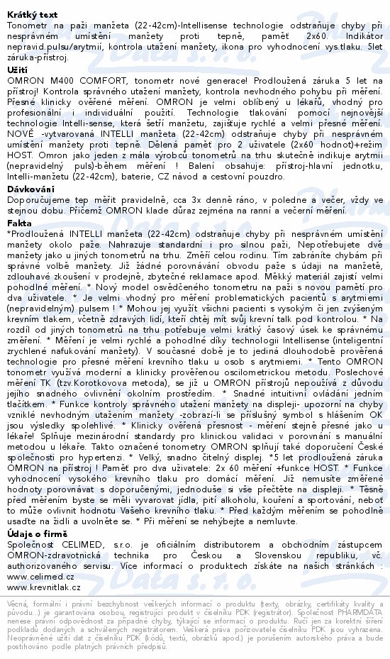 Tonometr OMRON M400 Comfort pažní