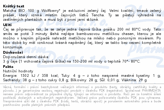 Matcha zelený čaj BIO 100g Wolfberry