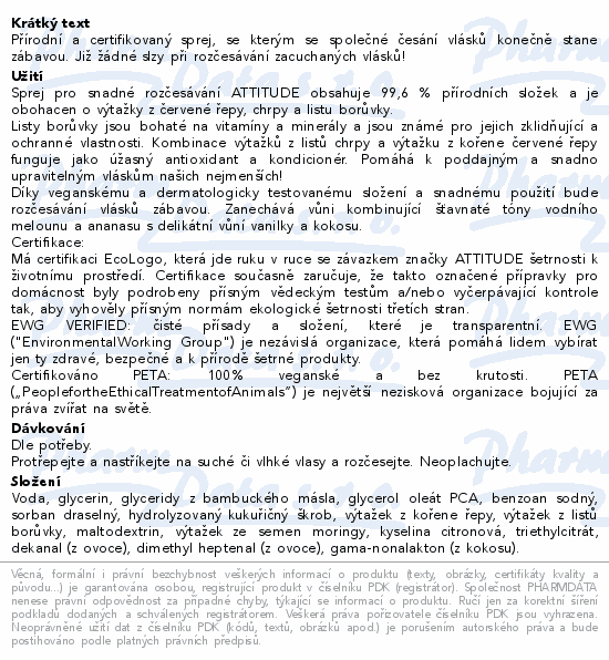 ATTITUDE Sprej rozčesávání dětských vlásků 240ml