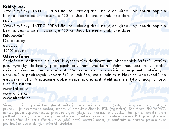 Vatové tyč.LINTEO PREMIUM papír.100ks dóza