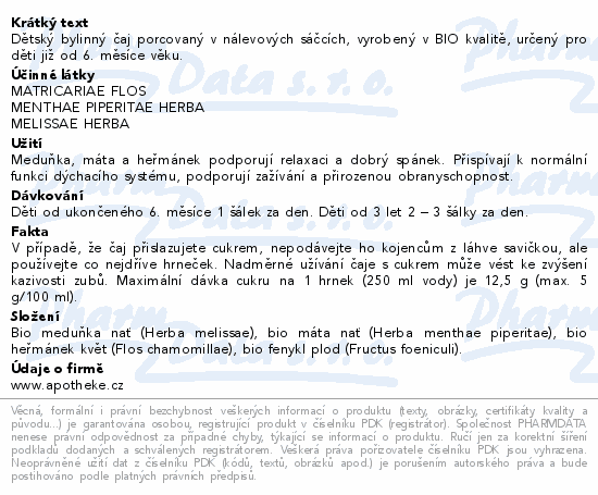 Apotheke Dětský bylinný čaj uklidňující BIO20x1.5g